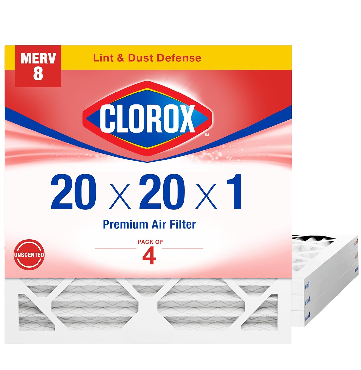 Clorox 20x20x1 Air Filter, MERV 8 Pleated HVAC AC Furnace Air Filters for Lint, Dust and Pollen, MPR 600 & FPR 5 – Pack of 4