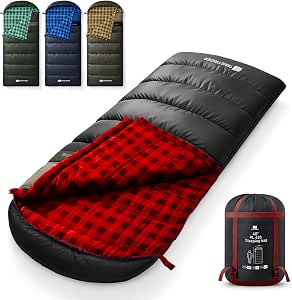Cotton Flannel XXL Winter Sleeping Bag for Adults, 90x39 Inches, Waterproof, Machine Washable, 4-Season Camping Gear