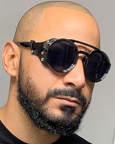 Miniatura 8 de MUDIWRLO Gafas de sol polarizadas redondas steampunk con cuero lateral doble puente escudo retro para hombres y mujeres