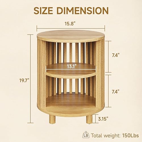 Miniatura 2 de Mesa auxiliar redonda, mesita de noche de madera, mesita de noche moderna de mediados de siglo con estante de almacenamiento abierto, mesas