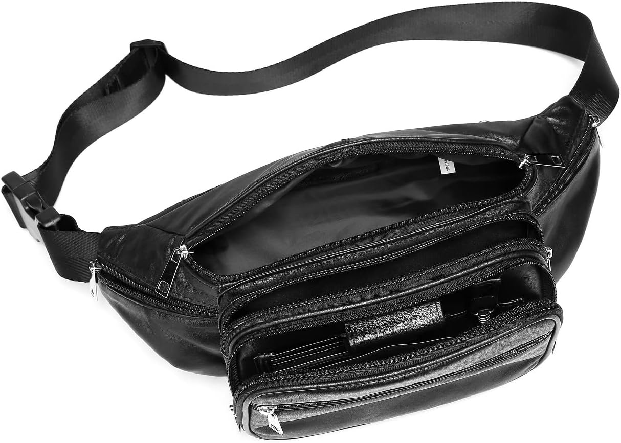 Genuine Leather Large 7 Pocket Waist Pack with Organizer, Card Slots (Black) - Image 7