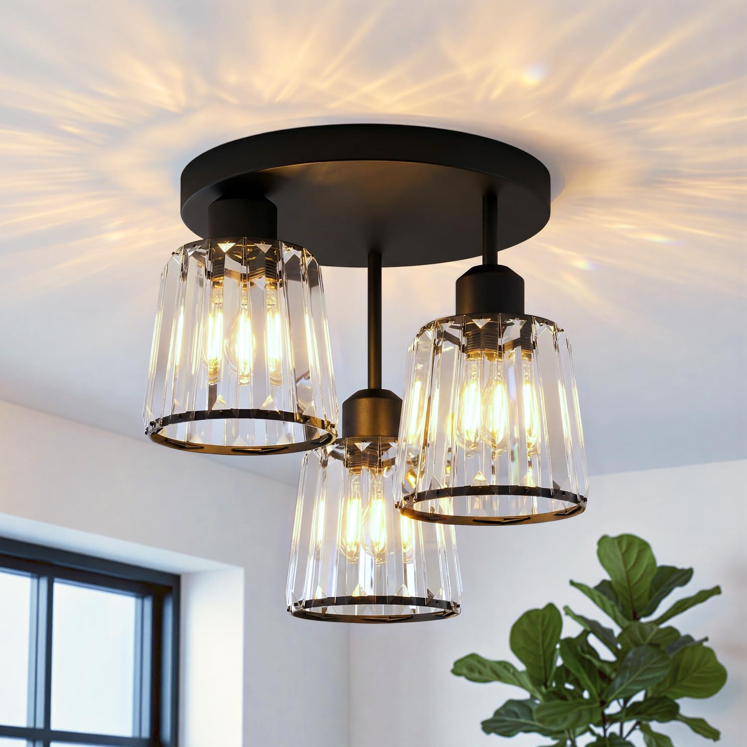 ANWIO Light Fittings Ceilings,3 Black Ceiling Light,Ceiling Lights Living Room,E27 Light Shade Ceiling,Bedroom Ceiling Lamp,Crystal Chandeliers Ceiling Light for Kitchen (LAMP DIAM 25CM