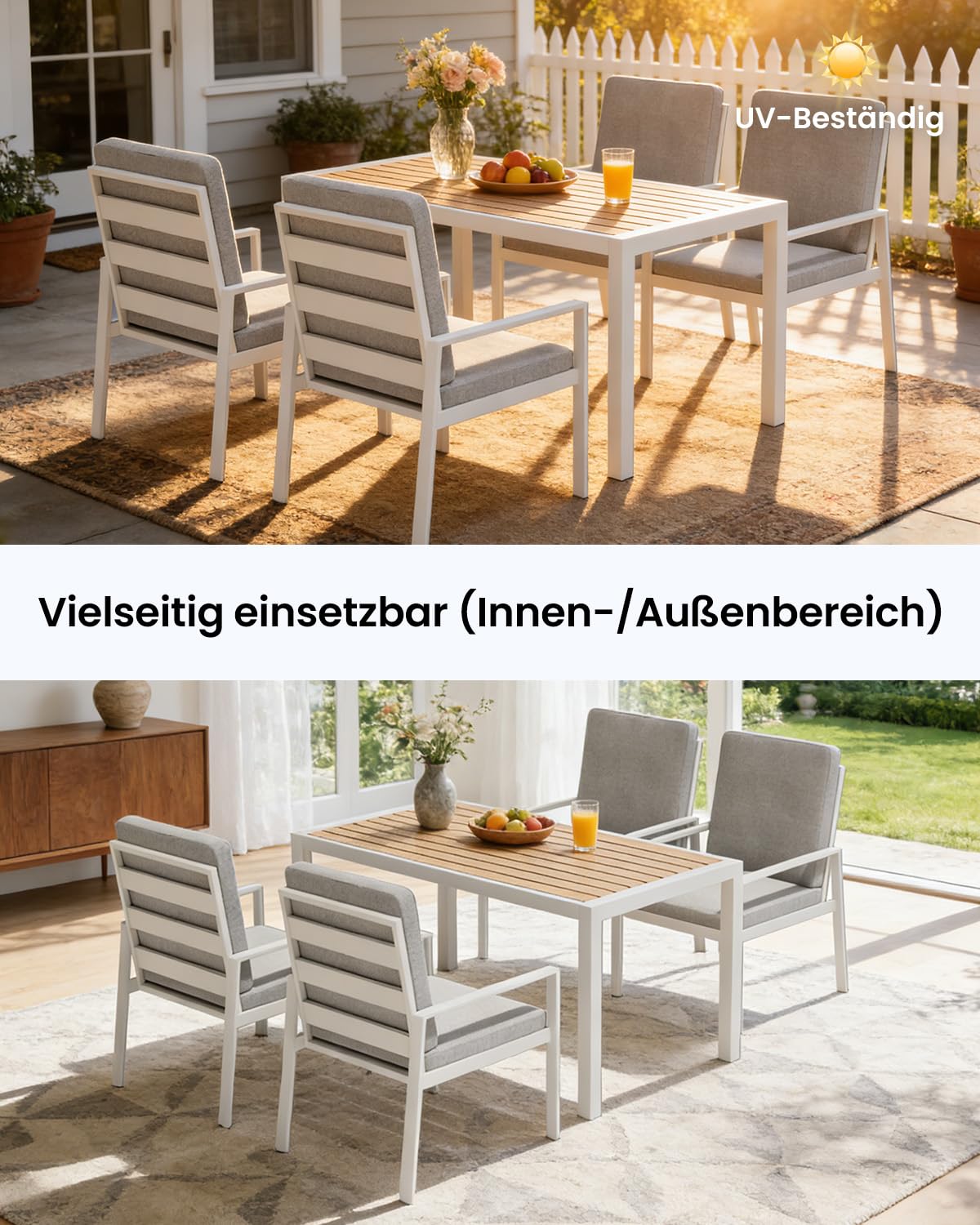 LANOX Gartenmöbel Set mit Tisch & 4 Stühlen – 5-teiliges Garten Essgruppe aus Metall & Aluminium, 140×80 cm Gartentisch, wetterfest, mit Kissen & WPC Tischplatte, Weiß