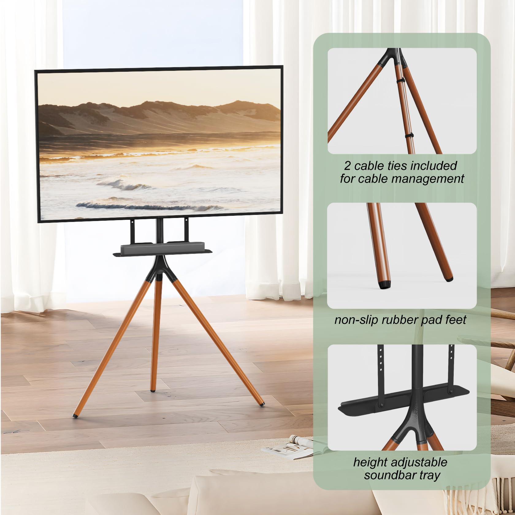 UPGRAVITY Cavalletto per TV a schermo piatto da 45-65", treppiede regolabile in altezza con ripiano soundbar, supporto da pavimento portatile per TV con fascette per cavi, girevole a 180°, max. VESA