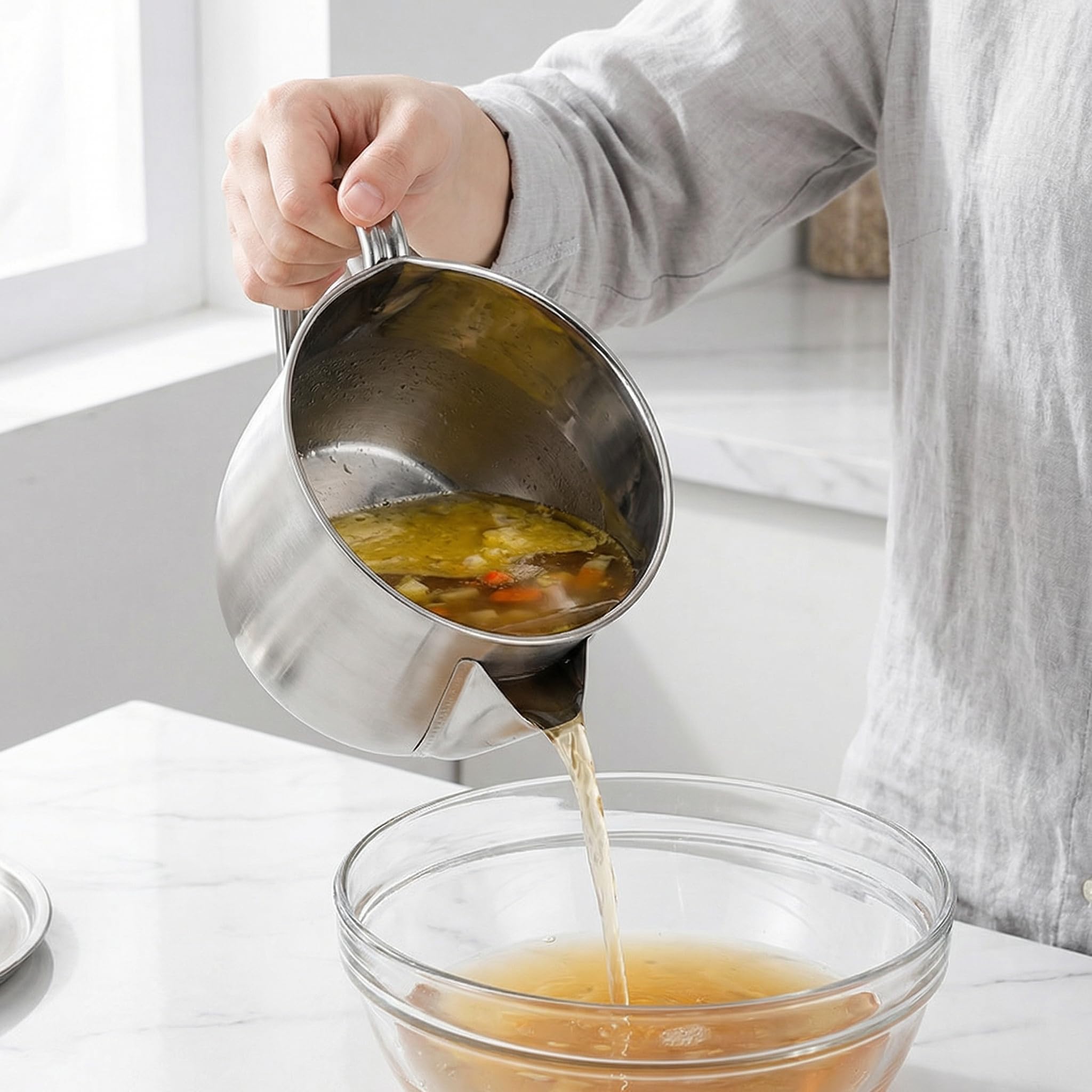 Caraffa separatrice grasso in acciaio inox 304, 1000 ml, separatore grasso con coperchio e pennello, separatore grasso da cucina, può essere utilizzato per fornelli a induzione, cucina, filtro