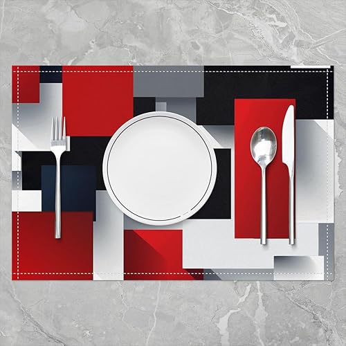 Miniatura 2 de Juego de 4 manteles individuales con diseño abstracto 3D de 12 x 18 pulgadas, color rojo, negro, gris, blanco, geométrico, rectangular, para mesa de