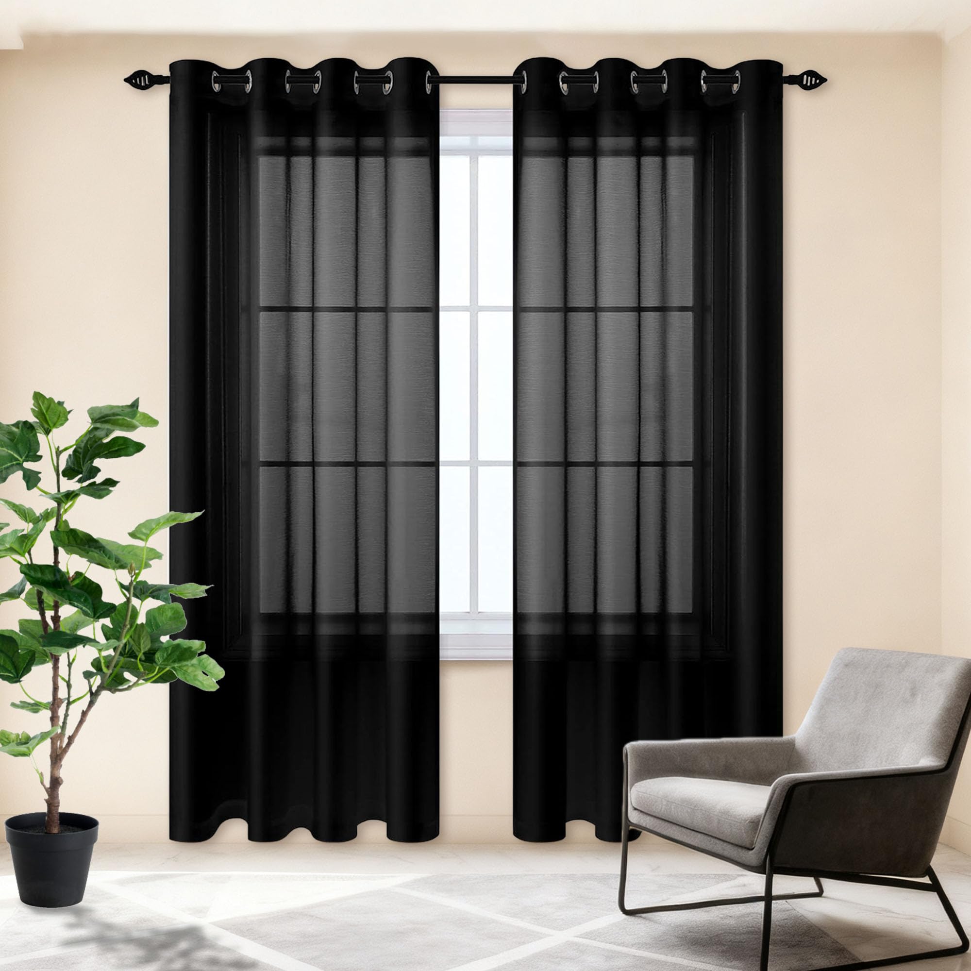 Voile transparent filtre lumière rideau noir 325x350 pour intimité de la chambre