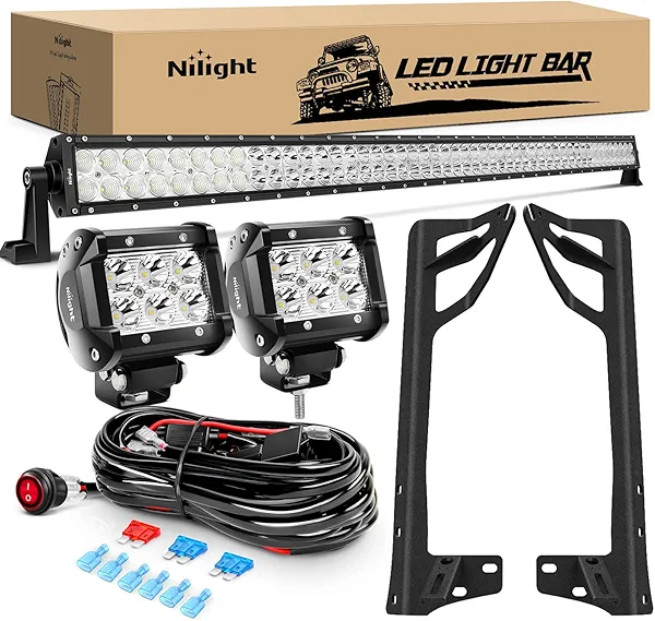 Nilight 52Inch Led Light Bar Spot Flood 2Pcs 18W 4Inch Spot LED Pods Windshield Frame Mounting Bracket on Wrangler JK 2007-2017 with Off Road Wiring Harness- 3 Leads