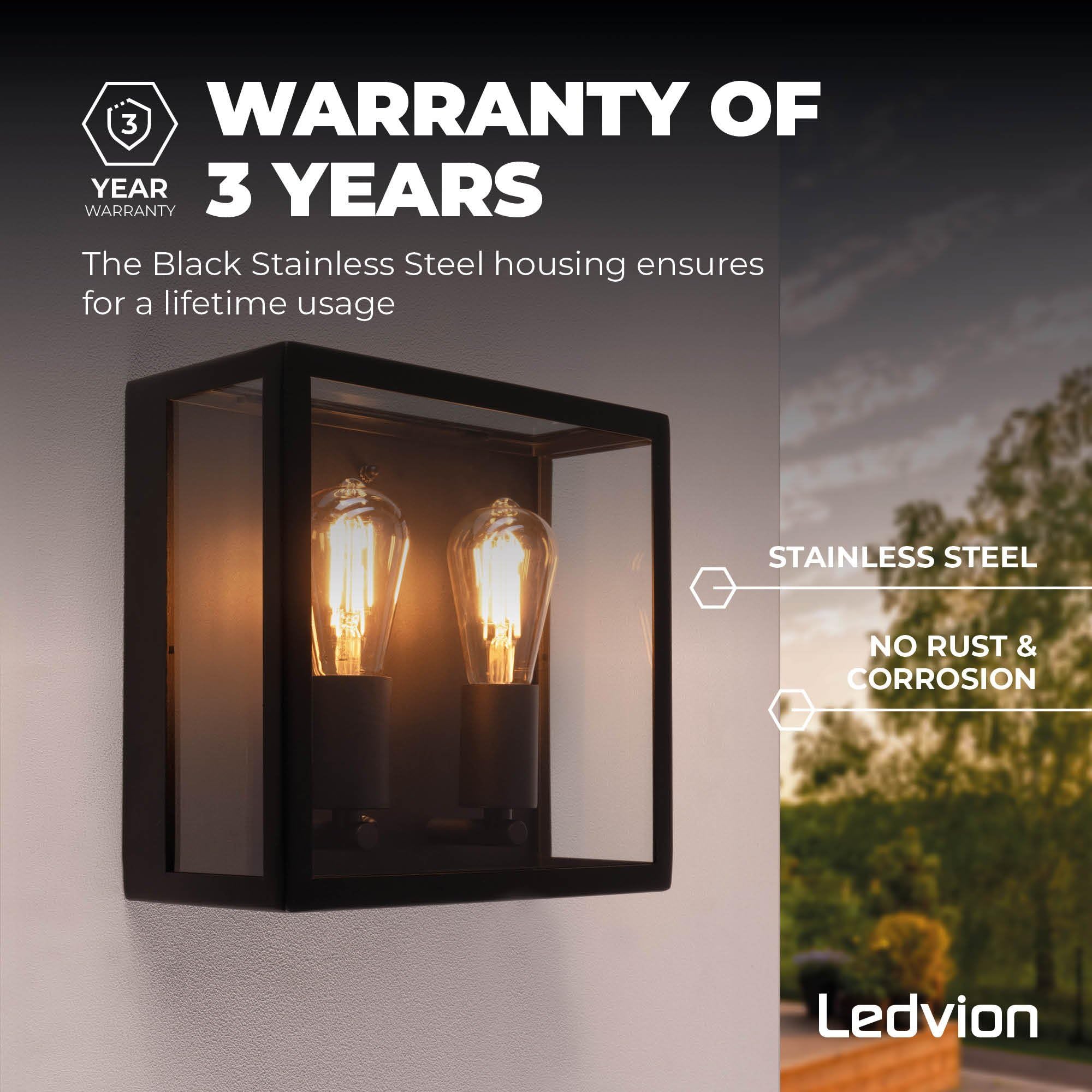 Ledvion - Lámpara de Pared LED, Casquillo E27, IP44, Negra, Para Dos Casquillos, Lámpara Exterior, Iluminación Exterior, Iluminación de Jardín