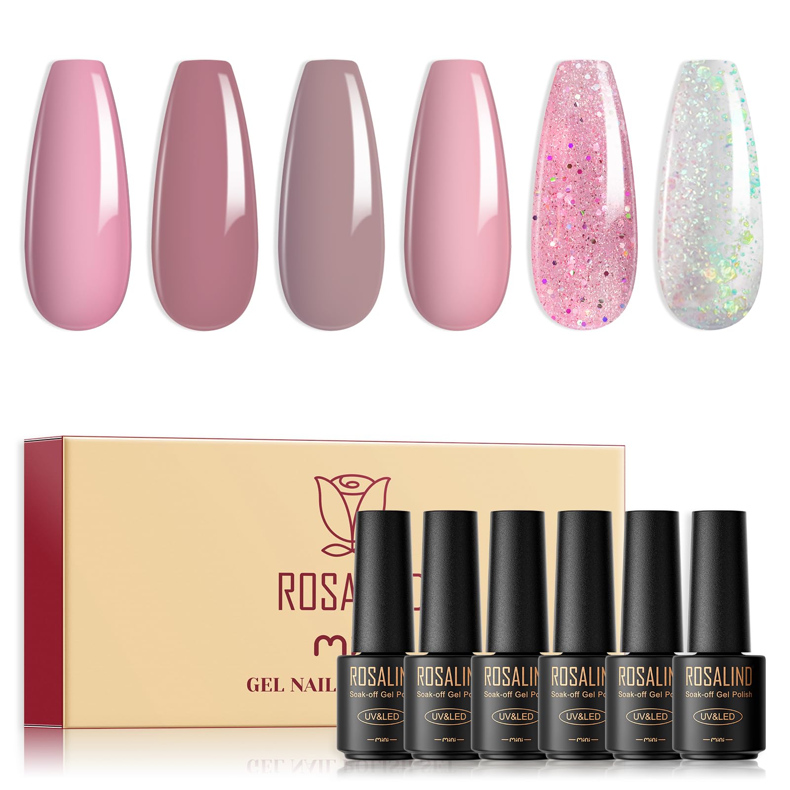ROSALIND Pink Gel Nail Polish Set, Glitter Gel Polish Colors Soft Pink Gel Polish Light Pink White Glitter Gel-image-44