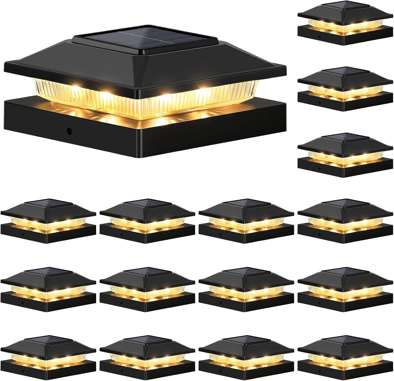Brightever Solar Post Cap Lights 16-Pack, Outdoor Solar Powered Fence Post Lights, Black Solar Waterproof Deck Post Lights for 4x4 Vinyl/Wood Posts, Warm/Cool White, Perfect for Garden Patio Porch