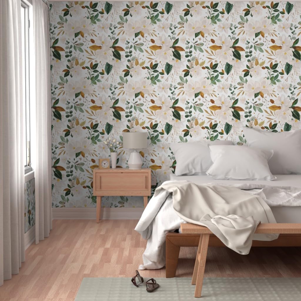 Peel & Stick Wallpaper Swatch - Gold Floral Magnolias Flowers White Custom Removable Wallpaper by Spoonflower