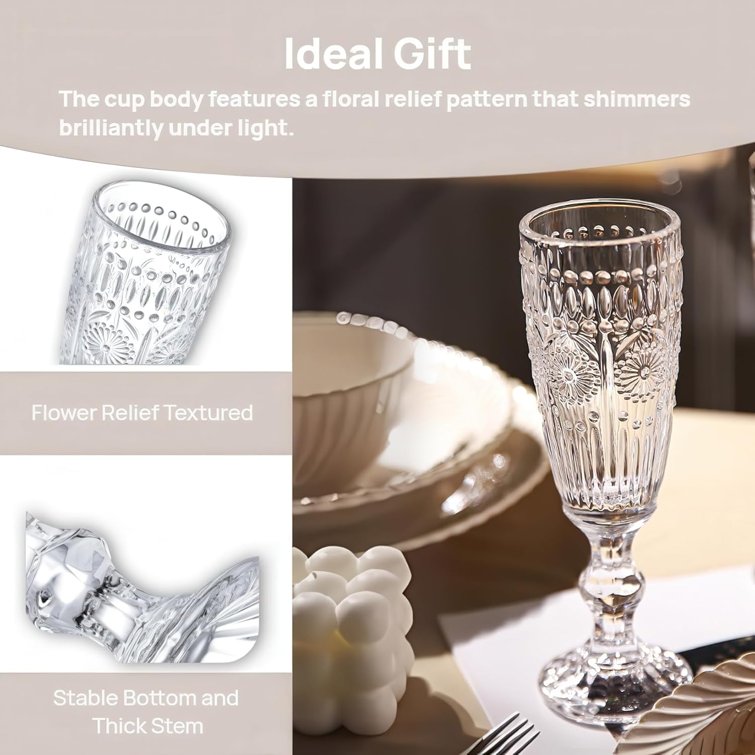 Kingrol 6 Pack 5 Ounces Glass Champagne Flutes, Vintage Sparkling Wine Glasses for Champagne, Cava, Prosecco - Image 3