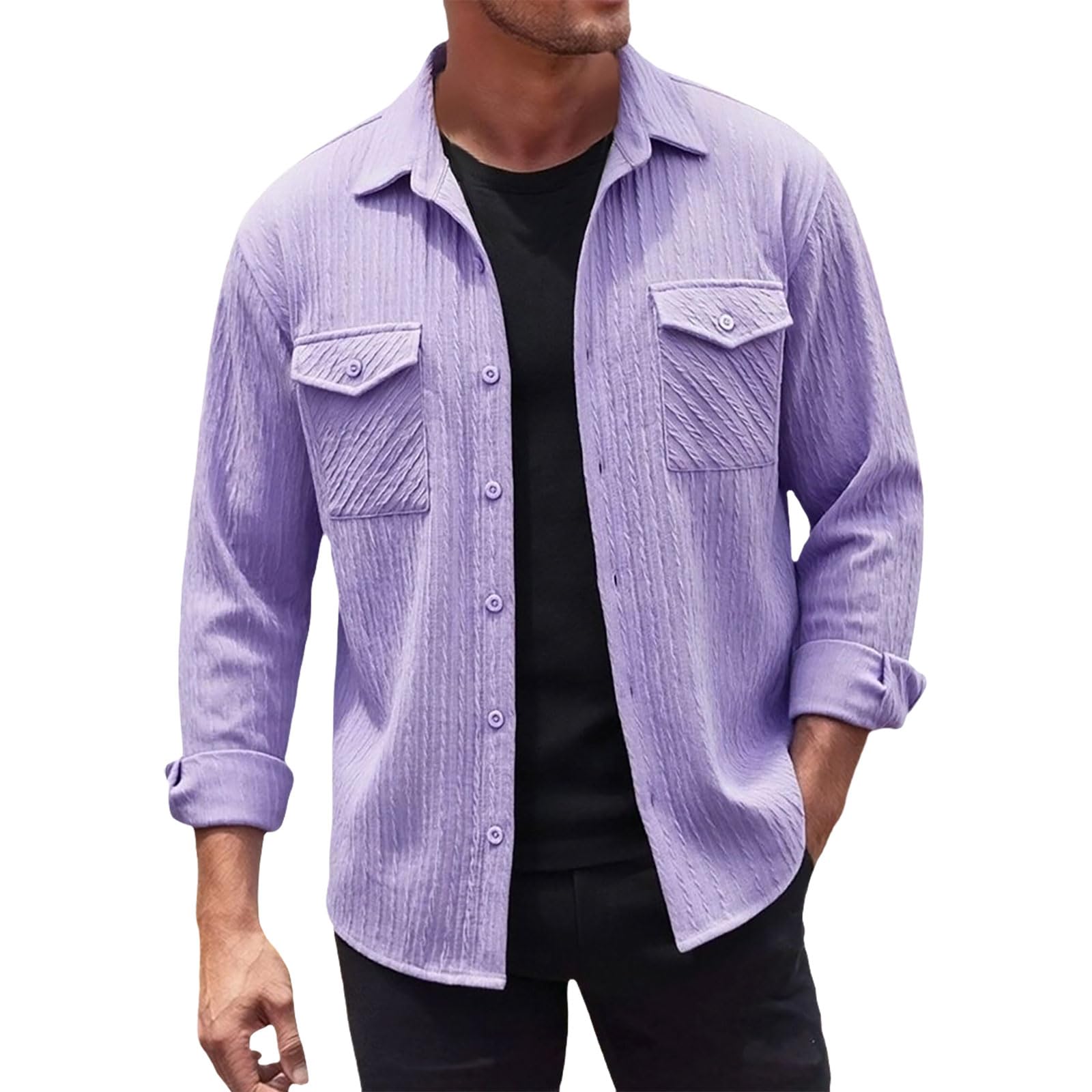 Herren Baggy Hemd Langarm Button Down Freizeithemd Regular Fit Hemdjacke Herbst Winter Mantel mit Klappentaschen