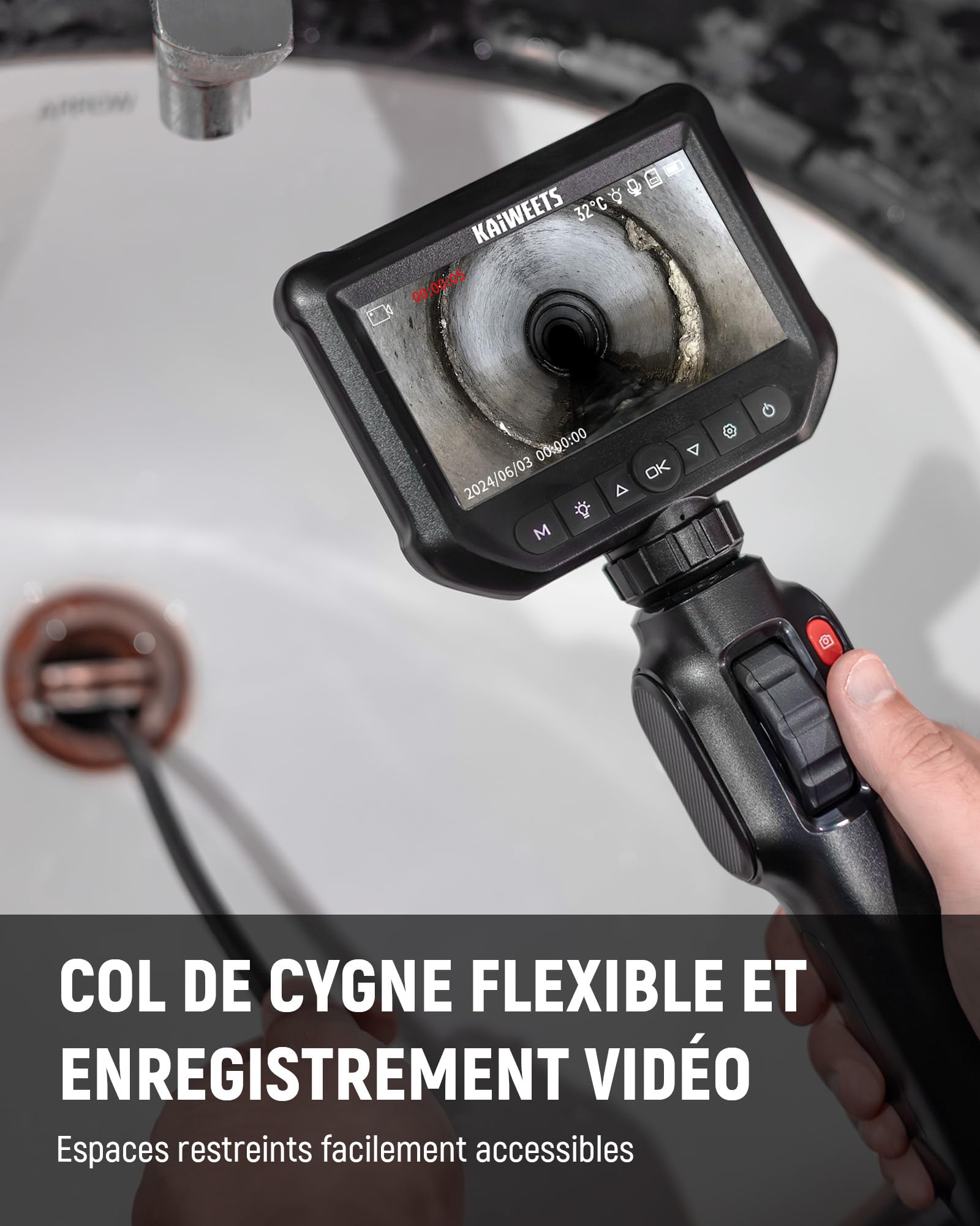 KAIWEETS Camera Endoscopique, 4.3" 1080P HD Endoscope avec Molette de Défilement, Rotation Bidirectionnelle à 210 °, 2M Caméras D'inspection IP67 Étanche pour l'inspection Automobile et de Tuyaux