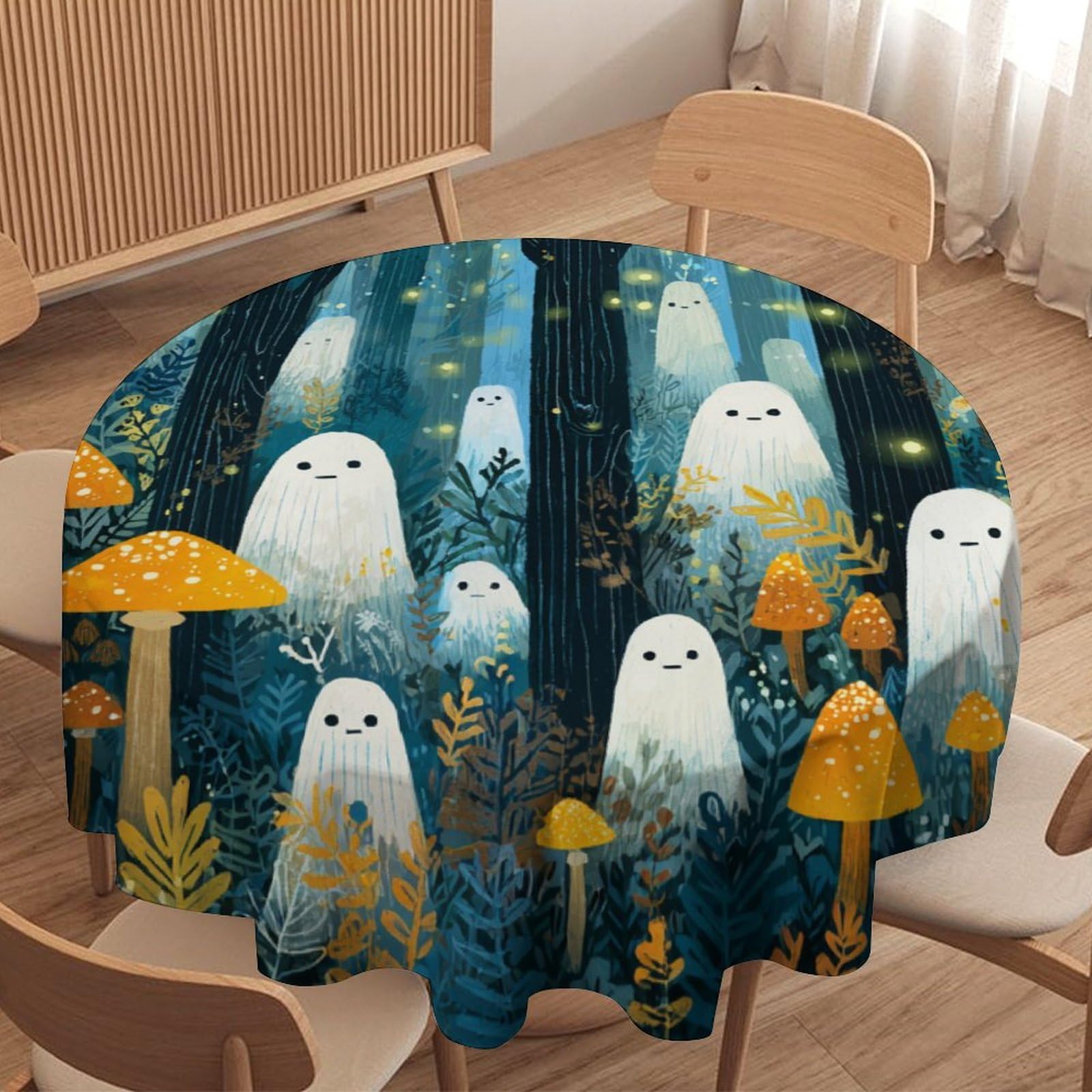 LUYYSKY Vintage Abstract Cute Ghost Waterproof Round Tablecloth Fantasy Anime Mushroom Forest Ghost Pattern Washable Table Cover for Kitchen-127 Wx127 L cm