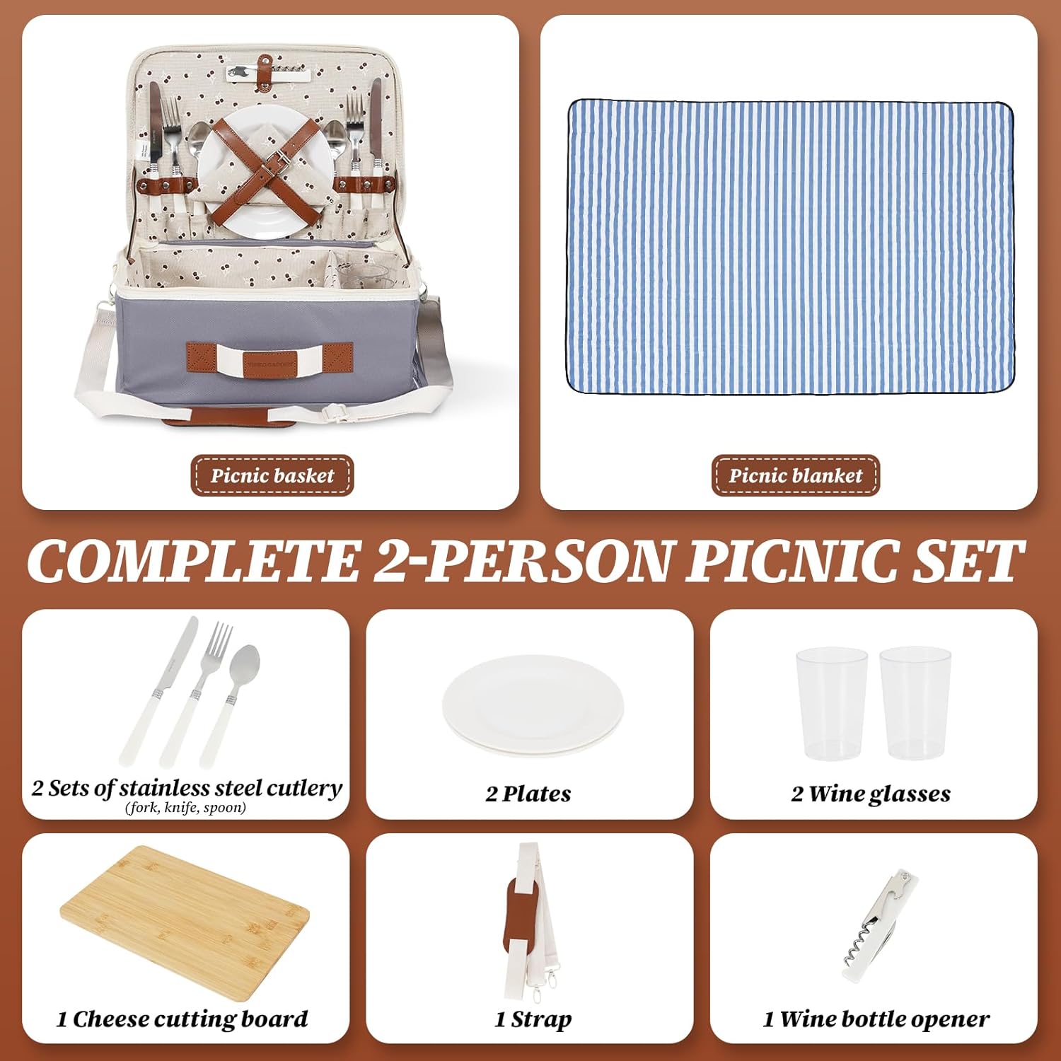 Picnic Basket for 2-Picnic Baskets with Waterproof Blanket & Picnic Accessories-Picnic Baskets with Shoulder Strap for Outdoor Camping Party for Valentine Birthday Christmas (Grey)