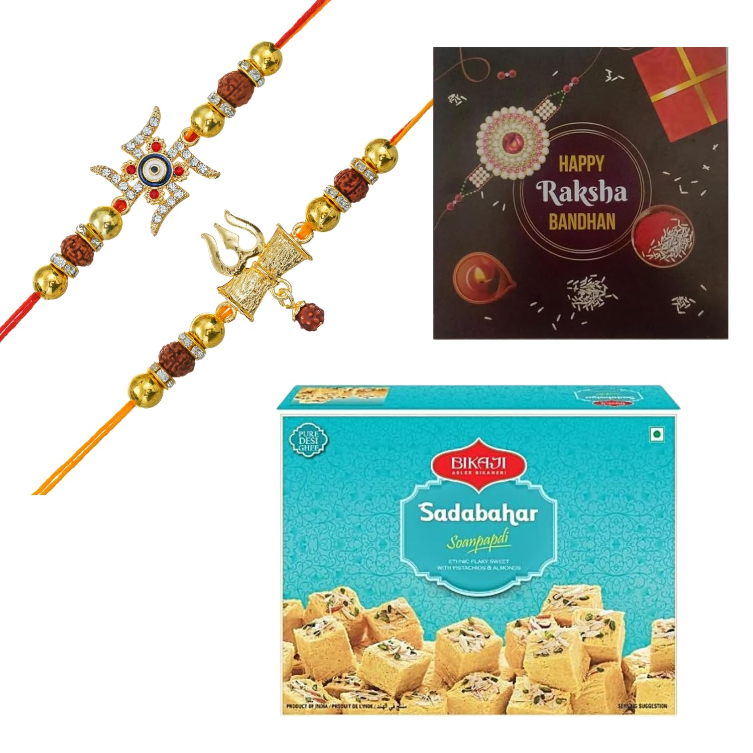 Webelkart Premium Shiva Rudraksha Rakhi For Brother With Bikaji Soan Papdi (450 Gm),Rakhi For Brother Bahbhi With Greeting Card,Roli-Chawal