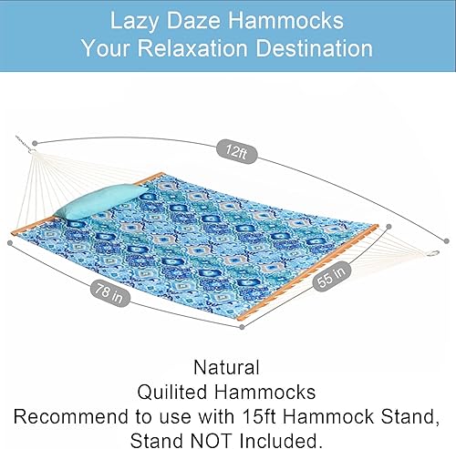 Miniatura 2 de Lazy Daze Hammocks Hamaca de Tela Acolchada de 12 Pies con Almohada Suave, Hamaca de Árbol Doble para 2 Personas con Barra Separadora para