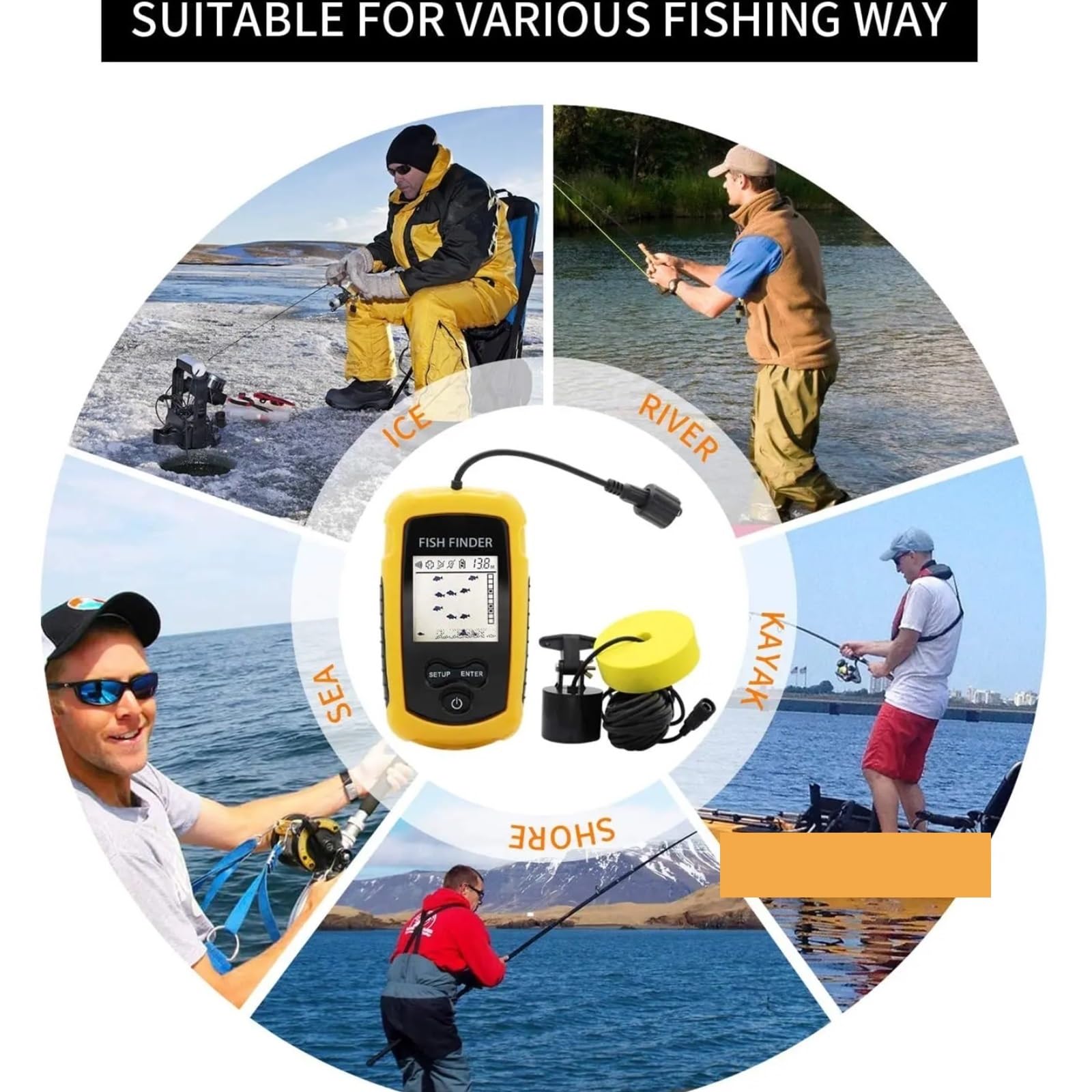 Sonda portátil for Pesca, Cobertura del Sonar, ecosonda, Alarma, transductor, Pesca en el Lago y el mar.