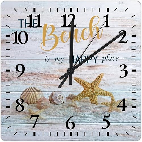 Reloj de pared con diseño de conchas y conchas de mar con estrellas de mar y vida marina, reloj cuadrado costero de 12 pulgadas, funciona con pilas,