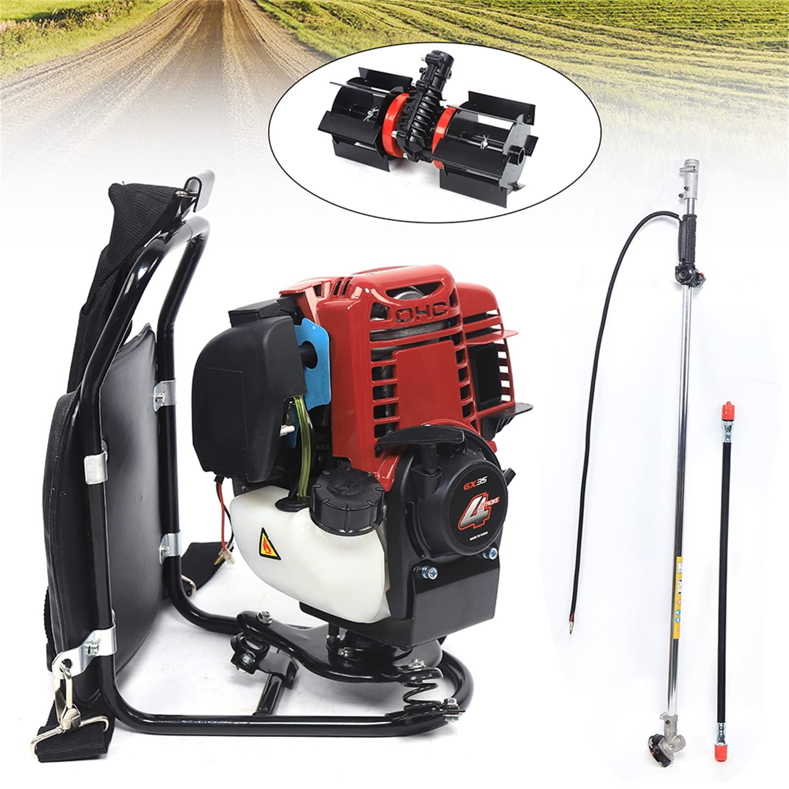 Desbrozadora multifunción de 4 tiempos, con motor de 4 tiempos con mochila, cortasetos refrigerado por aire de un solo cilindro para deshierbar, cosechar, limpiar y excavar, 2800 rpm