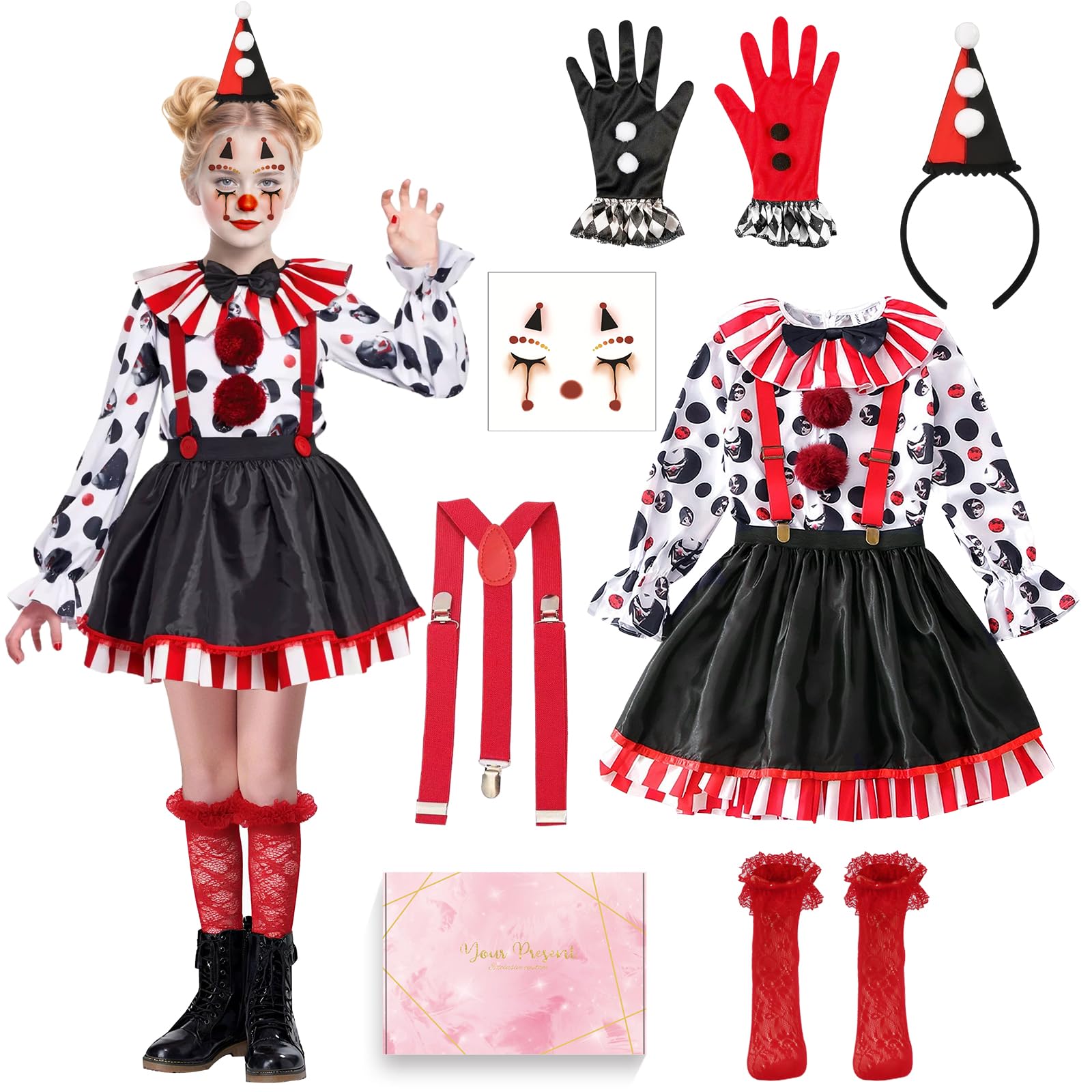 Costume da Clown per Bambina, Halloween Costume Outfit con Cappello