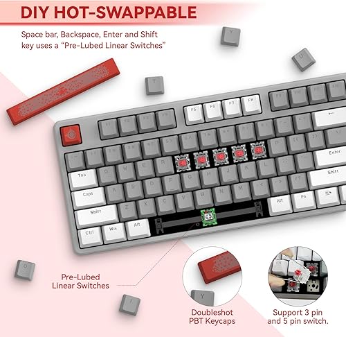 Vista 2 de Magic-Refiner AK873 Teclado para juegos, retroiluminación LED arcoíris, interruptor rojo lineal intercambiable en caliente, tecla PBT, diseño TKL