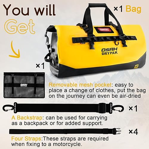 Miniatura 7 de Bolsa de lona impermeable 25L40L60L Bolsa trasera de motocicleta resistente, bolsa seca enrollable para viajes, camping, canotaje, kayak, aventura