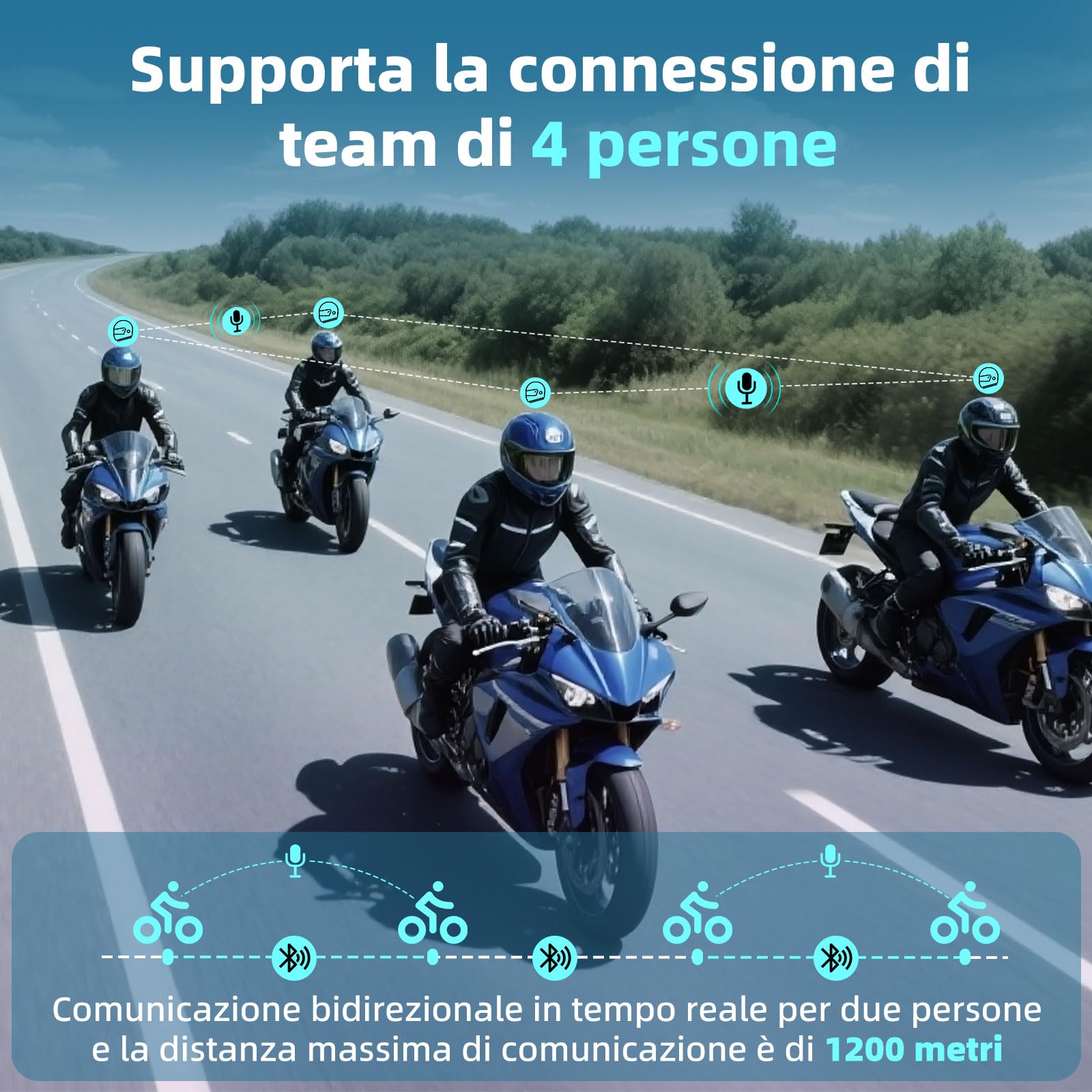 X2 Casco Moto Bluetooth Headset, sistema di comunicazione del casco per 2 fino a 4 persone con una portata di 1200 m, interfono per casco da moto con, Confezione Singola