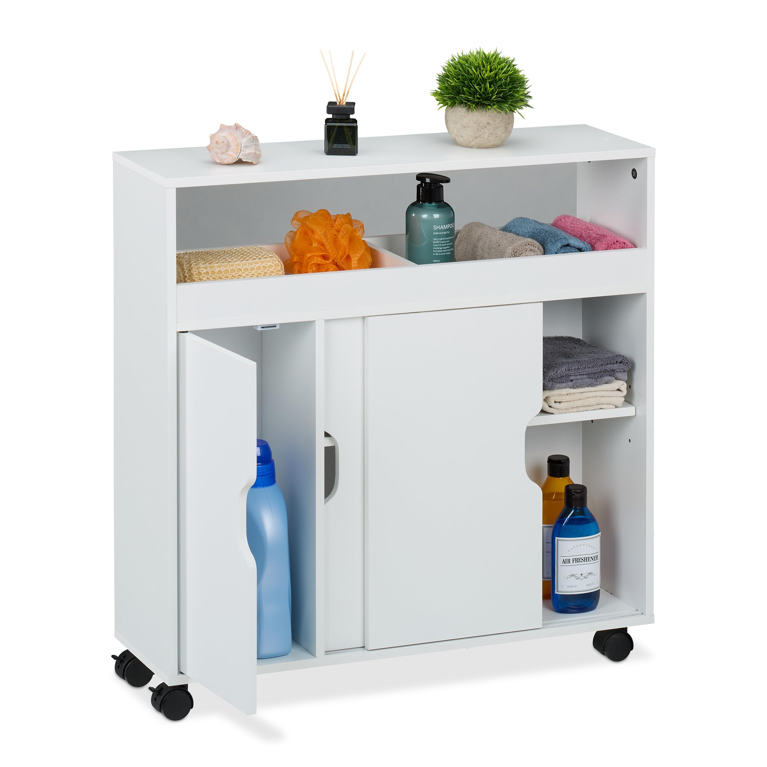 Relaxdays Slim Rolling Cabinet, 3 Compartments, 2 Shelves, 71x70x20 cm, Bathroom and Kitchen Storage Trolley, MDF, White, Plastic, Fibreboard