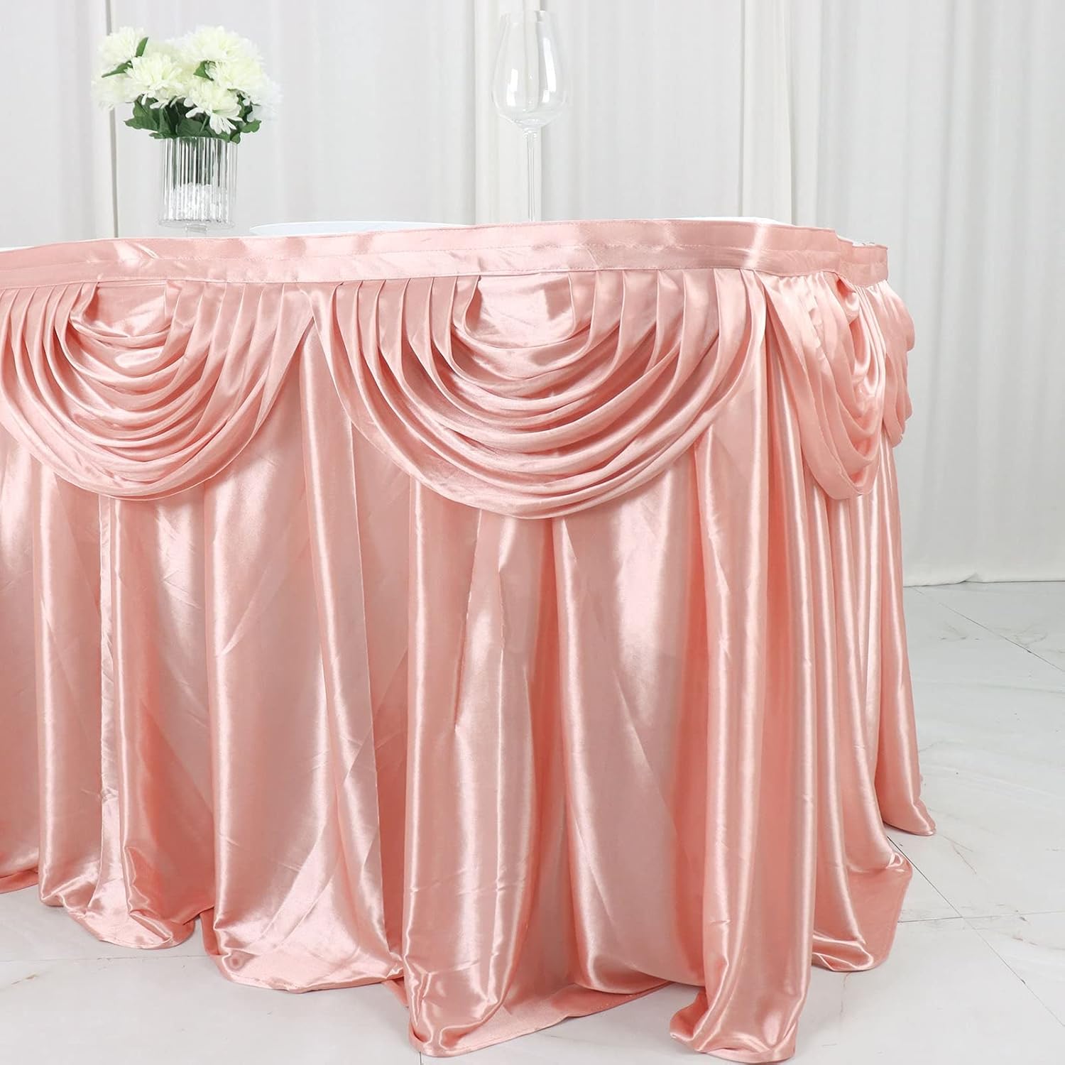 Tableclothsfactory Dusty Rose Satin Double Drape Table Skirt for Kitchen Dining Catering Wedding Birthday Party Decorations Events 14ft