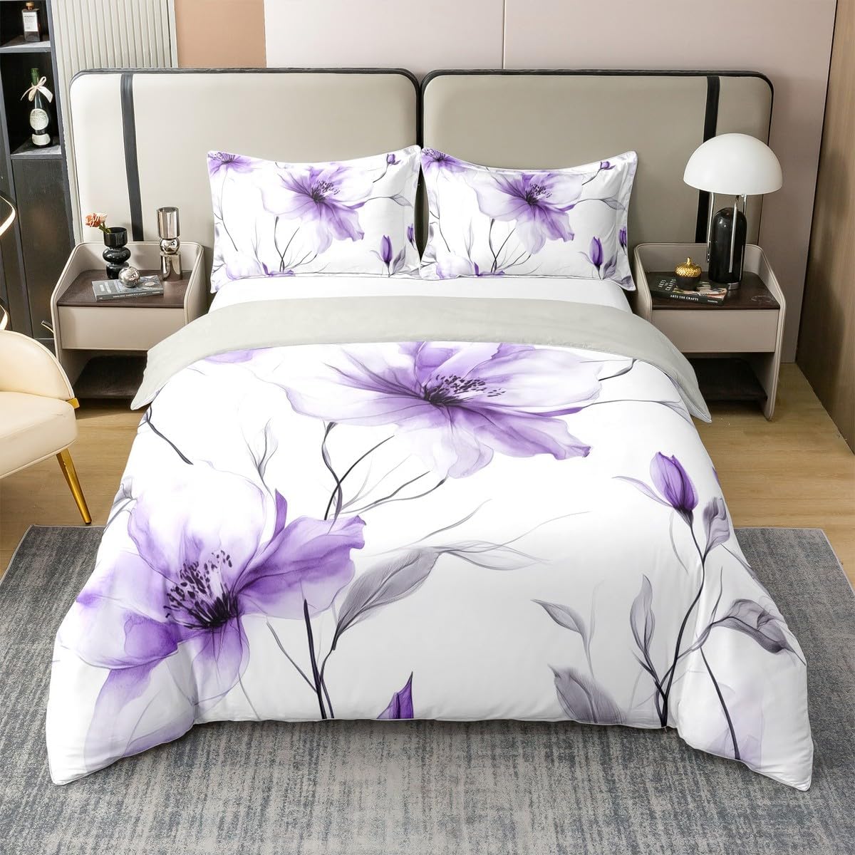 Erosebridal Bohemian Floral King Bedding Set, Purple Flower Artistic 100% Cotton Duvet Cover for Women, Elegant Watercolor Floral Boho Comforter Cover, Ink Painting Style Blossom & Leaf Bedclothes