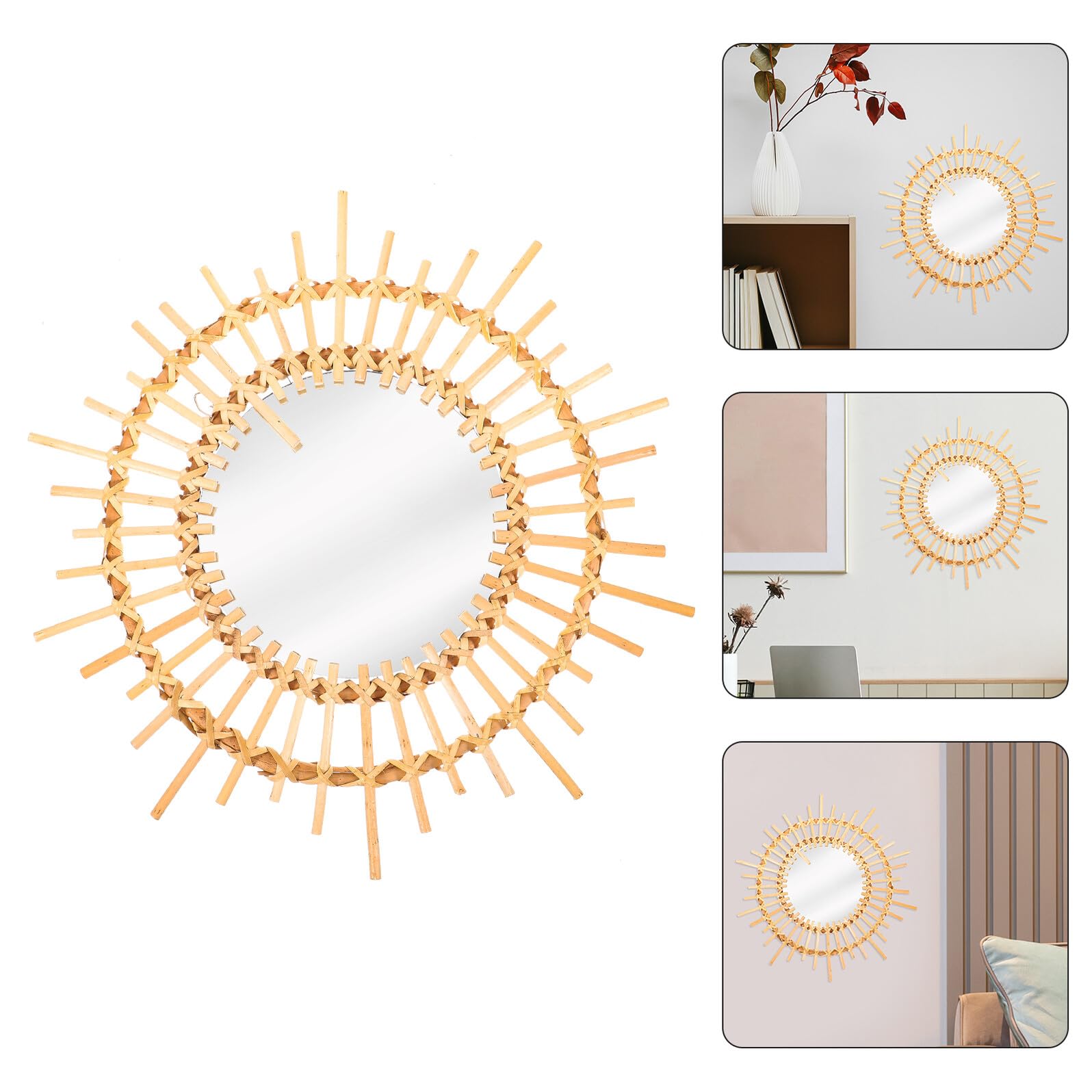 NUOBESTY Espejo de Ratán Circular de Pared 40 Cm Tejido Natural Decoración Dormitorio Baño Sala Multifuncional para Colgar Hogar