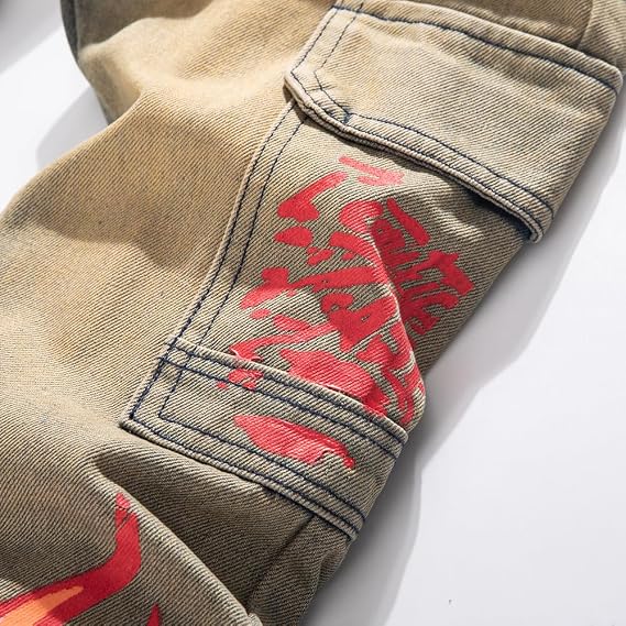 Men's Straight Slim Jeans Denim Pants Printed Biker Moto Casual Multi-Pocket Male