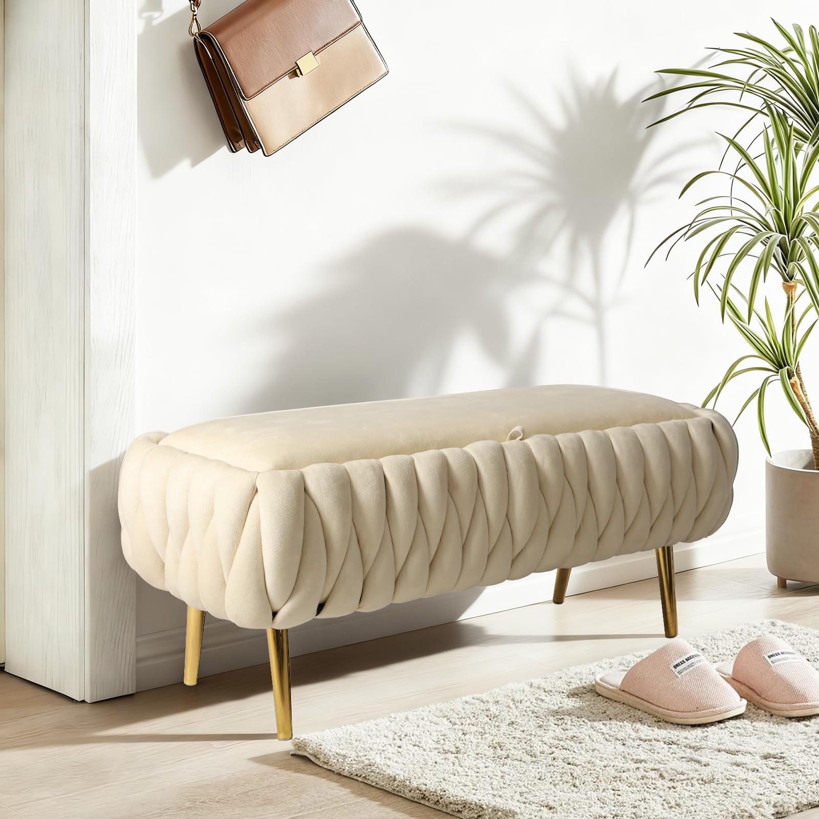 Hocker mit Stauraum, Pouf mit Stauraum, Flurbank, Sitzbank Stauraum, Aufbewahrungsbank, bis 300 kg Belastbar, Hockerbank für Wohnzimmer, Flur, Schlafzimmer (Weiß)