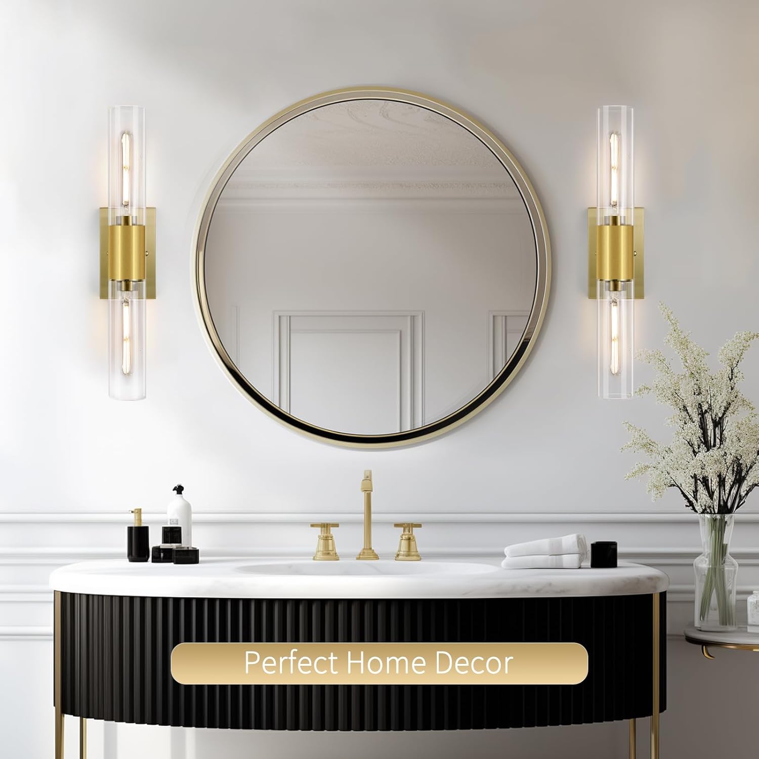 21" Gold Wall Sconces Set of Two, 2-Light Bathroom Sconces Vanity Light Tube Sconce, Clear Glass Indoor Hardwired Mounted Wall Lighting for Living Room,Bedroom,Hallway-Gold Clear (Bulb Not Included)