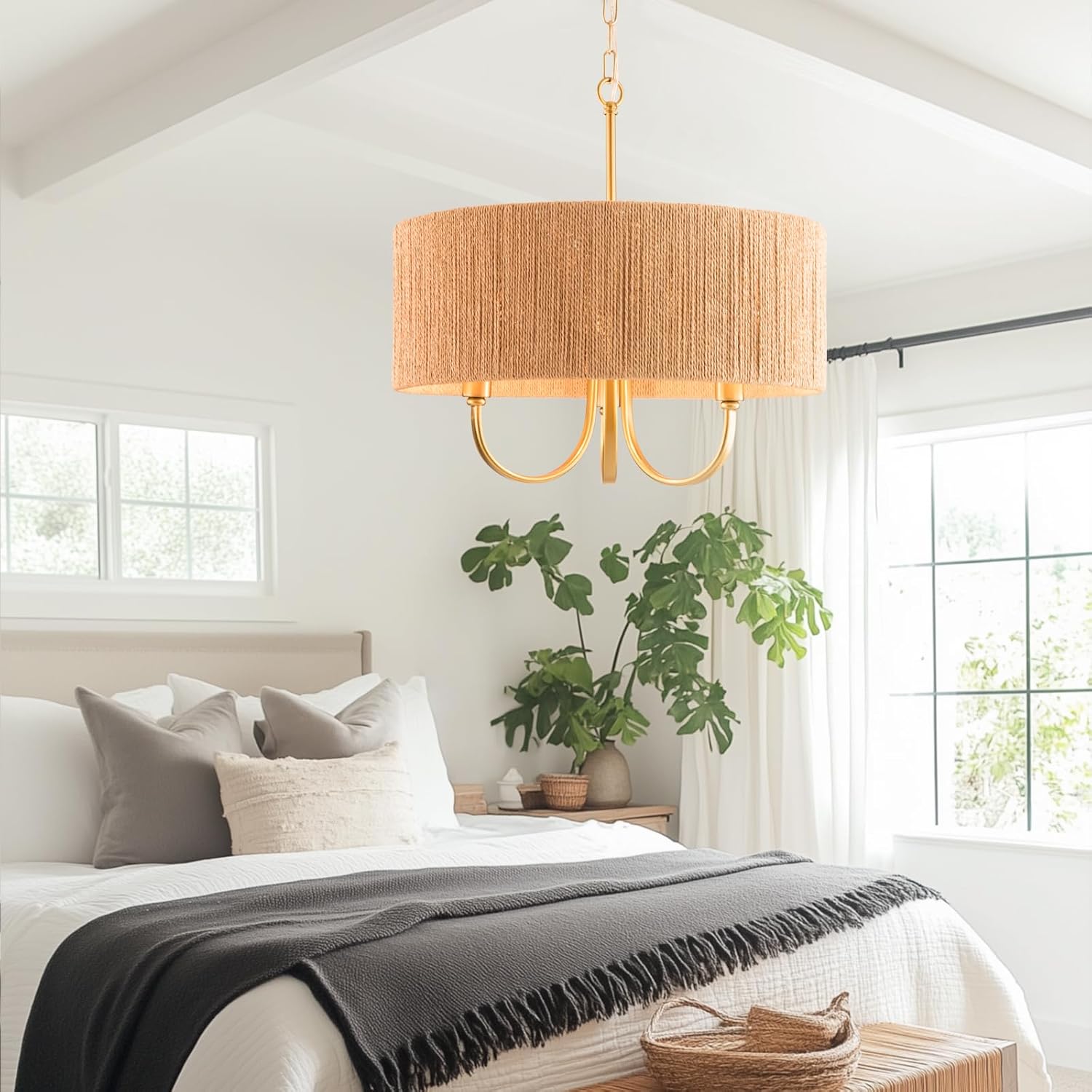 Maxax 17.7" Brass Gold Rattan Chandelier, 3-Light Boho Farmhouse Pendant Lighting with Rattan Shade, Rustic Boho Hanging Light fixtures for Dining Room, Living Room, Kitchen Island, ETL Listed