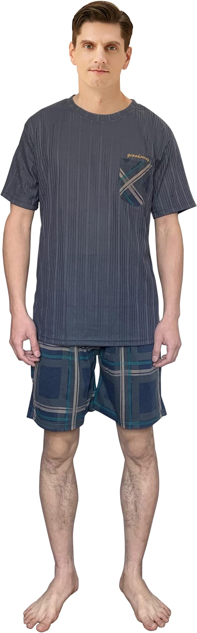 G.N DreamerMens Short Striped Pyjama Set Cotton Men Pyjamas Set Summer Loungewear Sleepwear Striped Top and Bottoms Shorts Nightwear