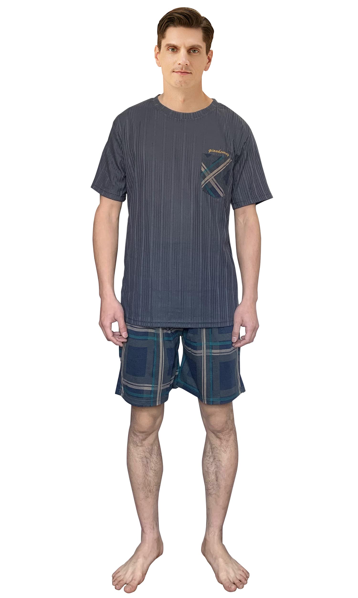 G.N DreamerMens Short Striped Pyjama Set Cotton Men Pyjamas Set Summer Loungewear Sleepwear Striped Top and Bottoms Shorts Nightwear