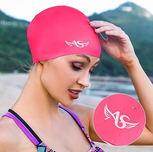Miniatura 2 de Angel season Gorros de natación para mujer, de silicona, rizado, mediano y largo, diseño ergonómico para adultos, mantiene el cabello seco