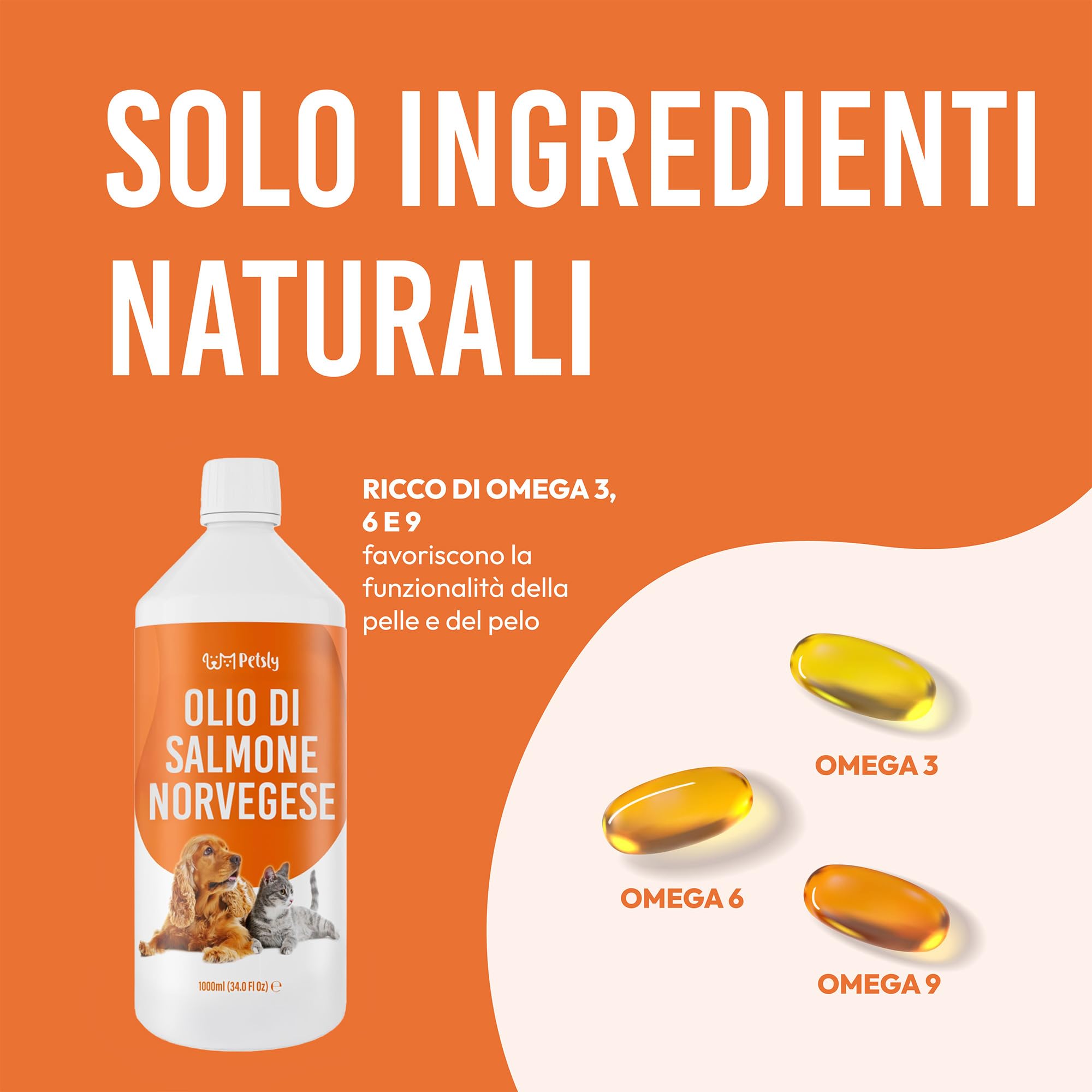 Petsly® Olio di Salmone per Cani e Gatti -1L- Norvegese 100% Selvatico - Ricco di Omega 3, 6, 9, Vitamina E - Pelo Lucente, Pelle Sana, Articolazioni Forti, Sistema Immunitario - Flacone a Pompa