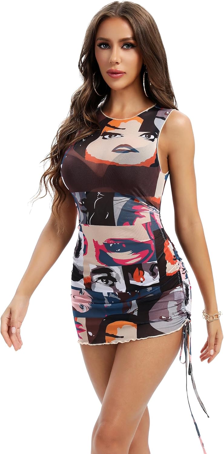 ABMOIU Sexy Mini Print Mesh Dress for Women, See Through Sleeveless Stretchy Bodycon Short Summer Dresses - Image 2
