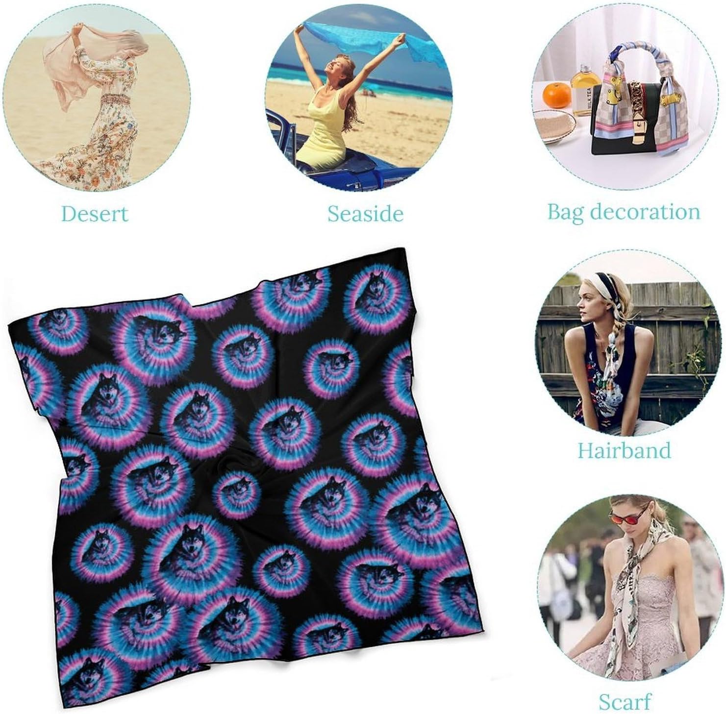 Tie Dye Wolf Silk-Like Square Scarf for Women Vintage Printed Neck Scarf Bandanas Hair Scarves