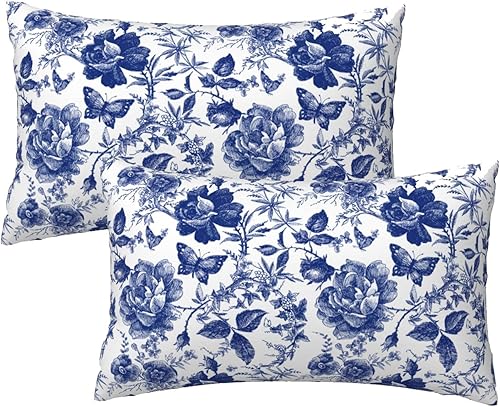 Juego de 2 fundas de almohada de porcelana azul y blanca con diseño floral de mariposa de 12 x 20 pulgadas, fundas de almohada vintage de estilo