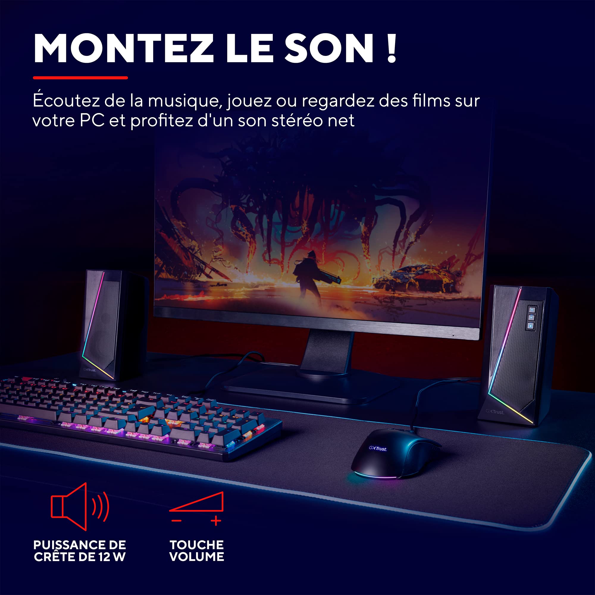 Trust Gaming GXT 609 Zoxa Système d'Enceintes, Haut-parleurs Gamer, 6 Modes d'Éclairage RGB, 12 W, Alimentation USB, Système Audio pour PC et Ordinateur Portable - Noir
