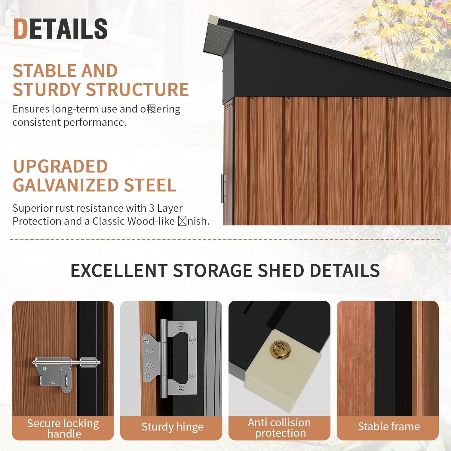 Close-up of shed details including anti-collision protection and a warm tip for assembly.