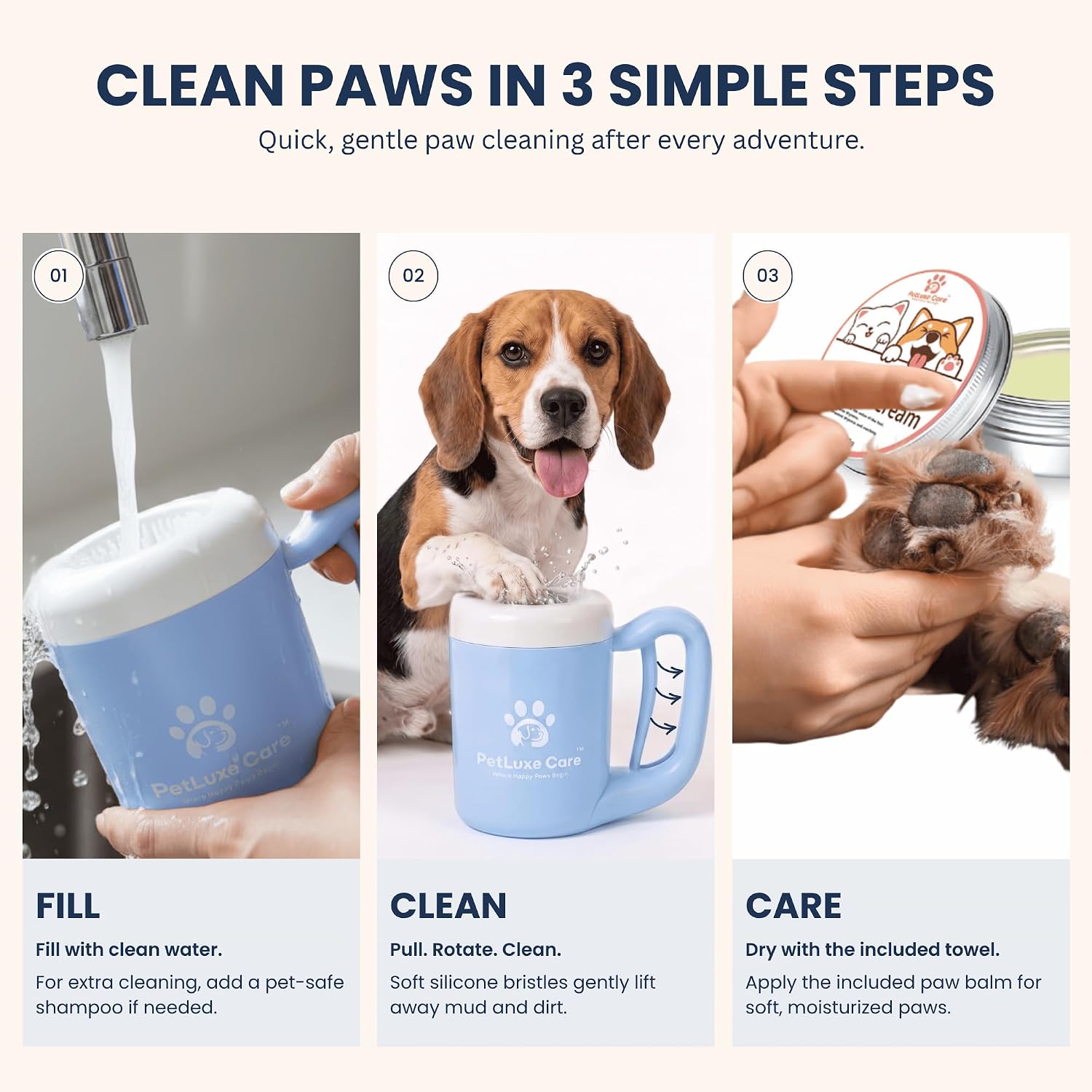 Dog Paw Cleaner, Paw Washer Cup with Soft Silicone Bristles, Portable Dog Foot Washer, 4-in-1 Paw Cleaner Kit with Paw Balm, Microfiber Towel & Grooming Brush (Blue, Medium) image 5