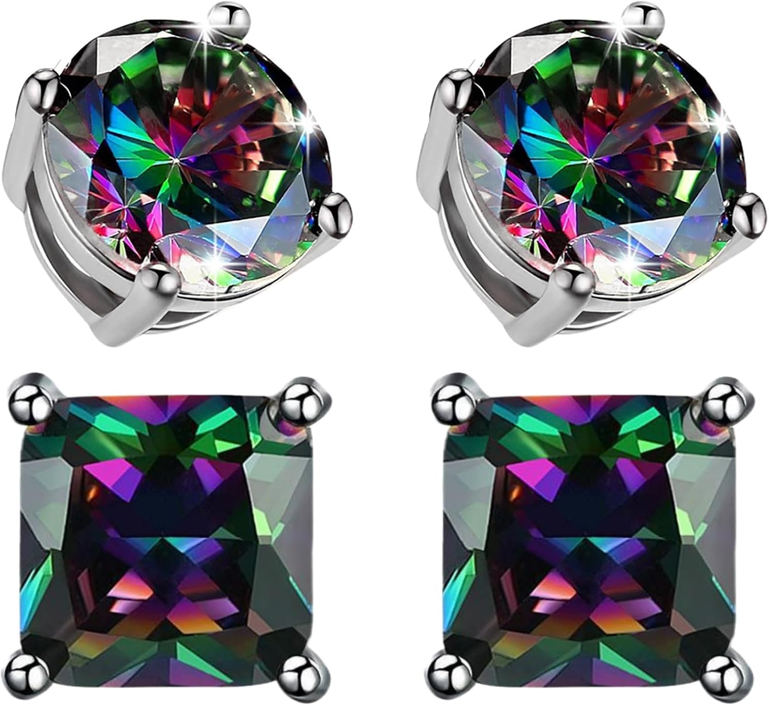 2 Pairs 18K White Gold Plated Round/Square CZ Earrings Created Rainbow Quartz Stud Earrings for Women Men