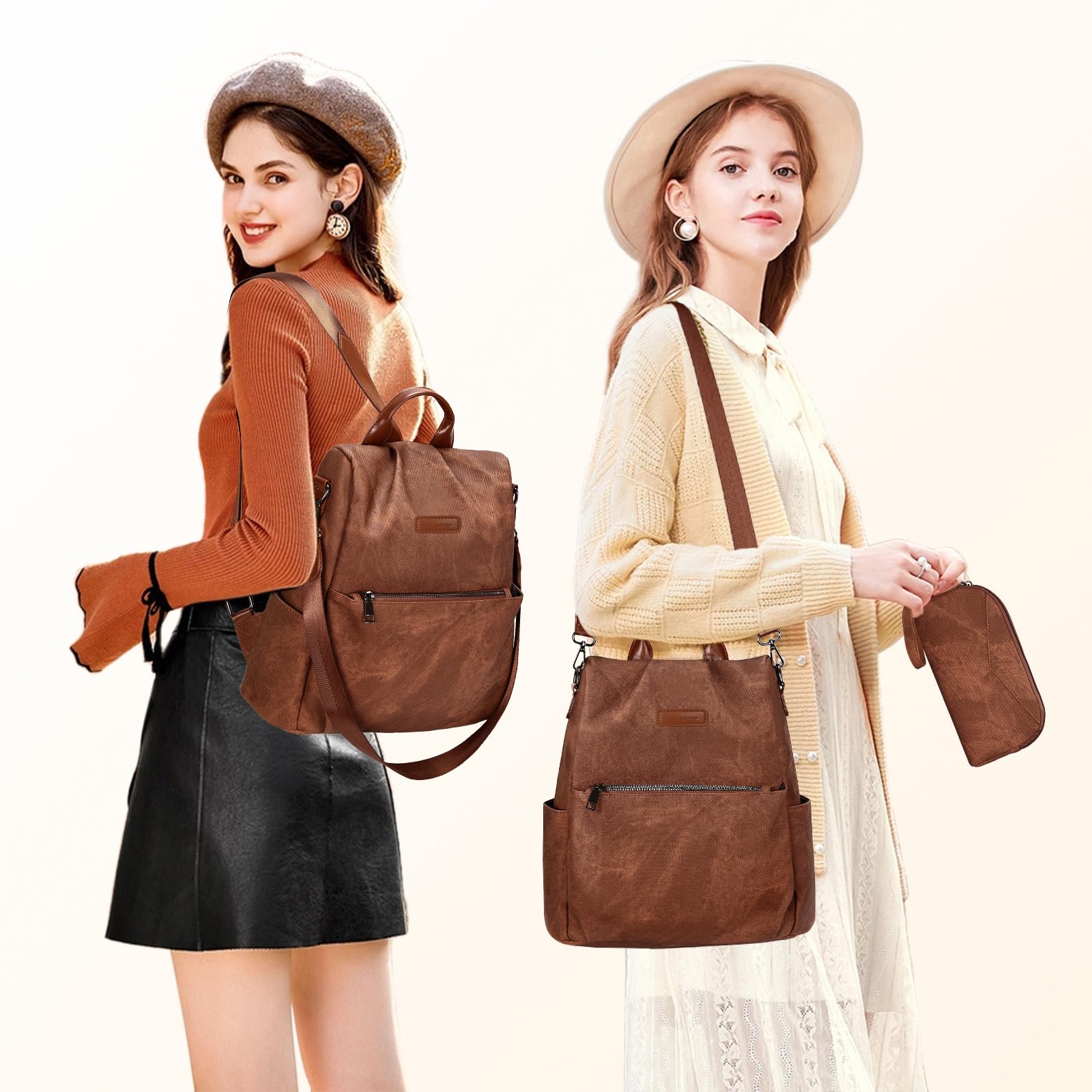 Leathario Rucksakck Damen klein,Veganes Leder Cityrucksack,Rucksackhandtasche Diebstahlsicher,Elegant Tagesrucksack für Büro,Pendeln,Arbeit,Leicht Mittelgroß Backpack Women für Reise, Ausflug Braun